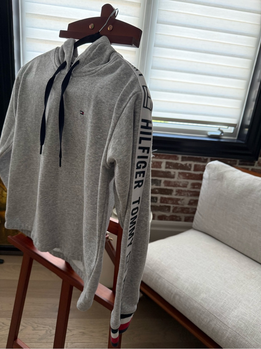 Tommy Hilfiger Gray Pullover Hoodie with Branded Sleeve Tape - Picture 3 of 3